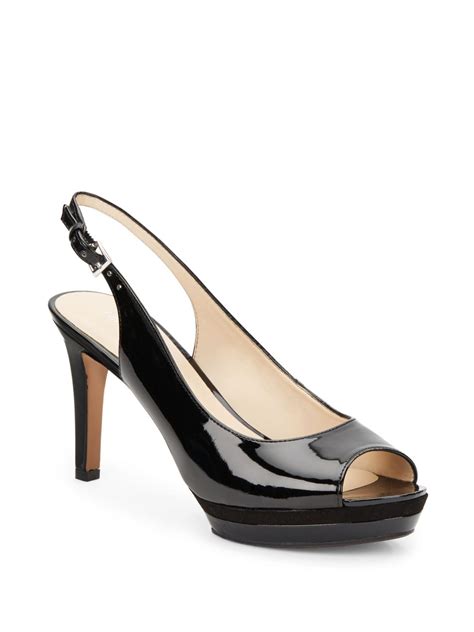 black patent leather slingback pumps